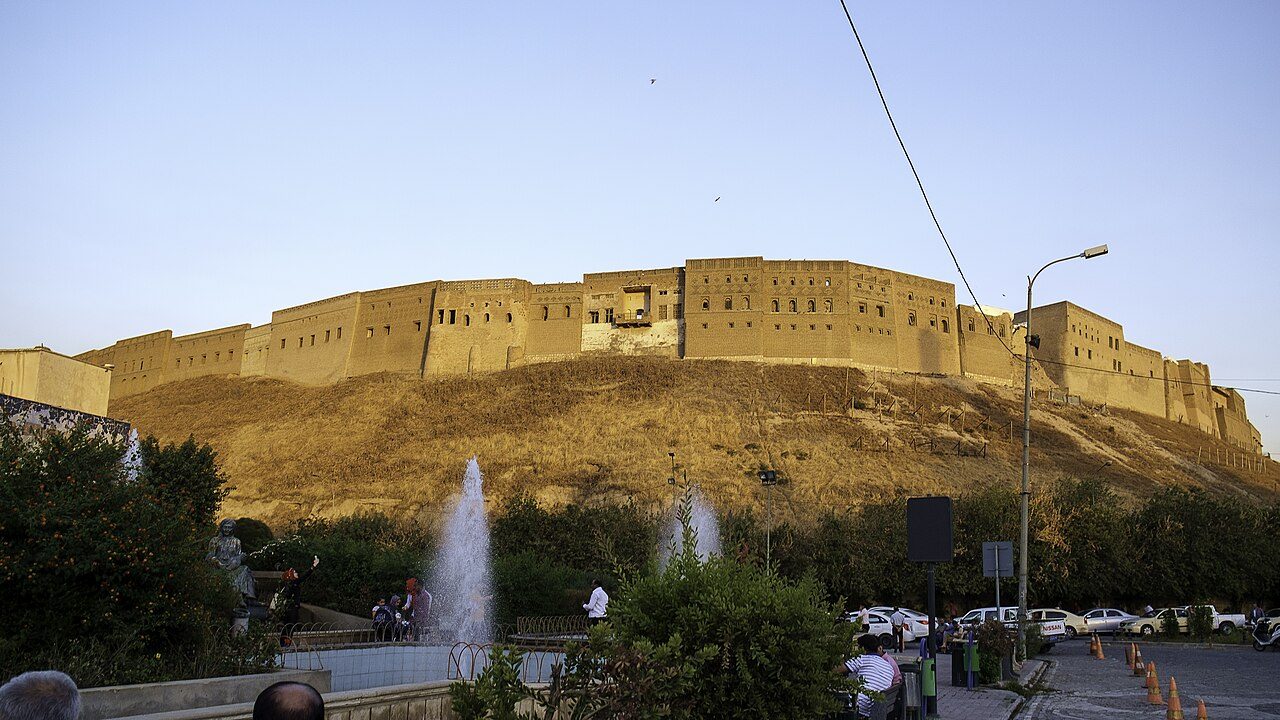 Erbil Citadel rising above the fountain square in Iraqi Kurdistan