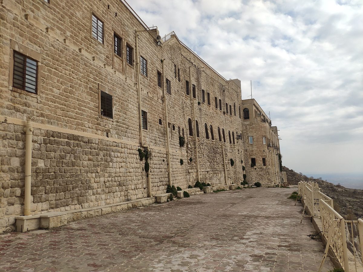 The fortress-like stone facade of Mar Mattai monastery on Mount Alfaf near Mosul
