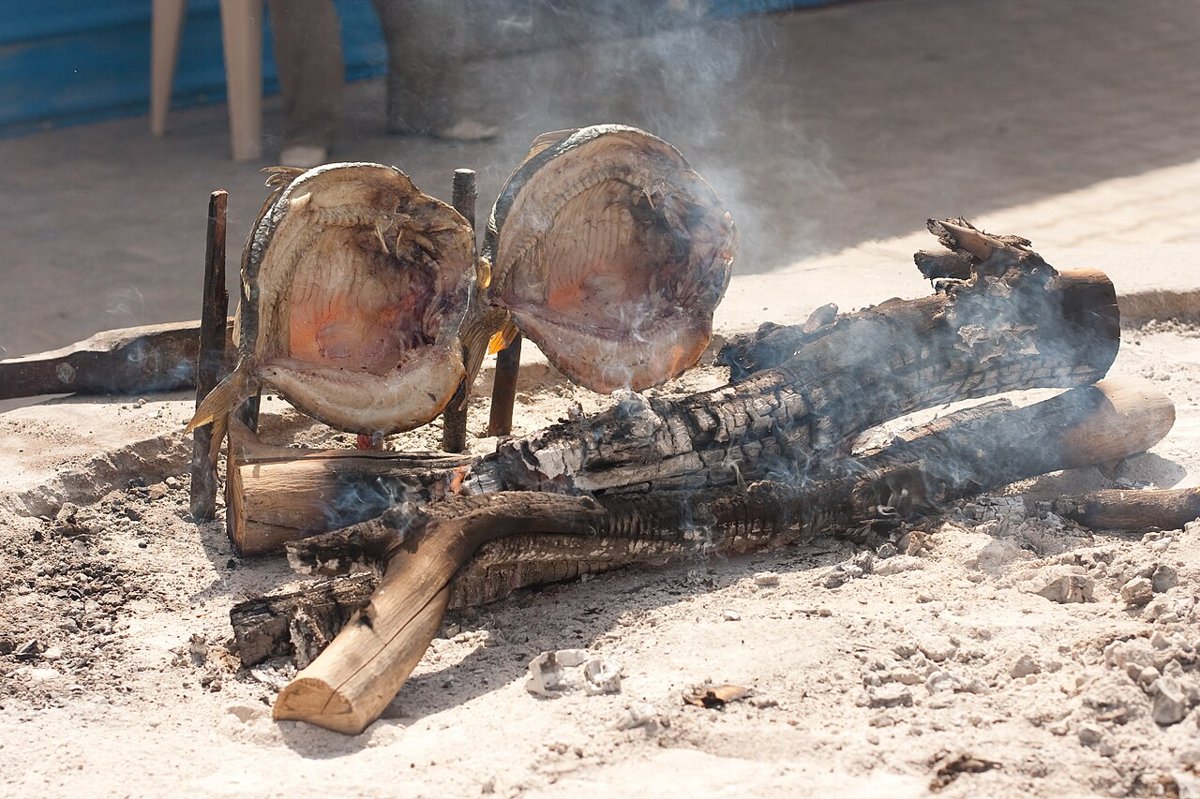 Masgouf, Iraq's national dish and the star of any Iraqi food tour, grilling upright around an open wood fire