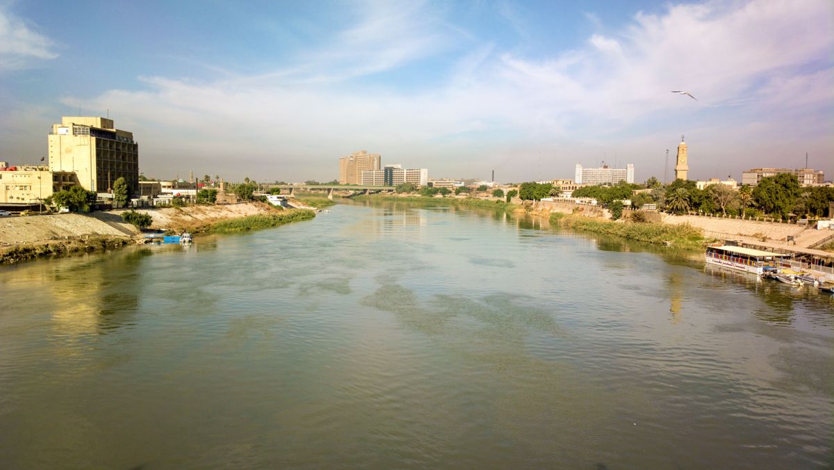 The Tigris river and Baghdad's east bank seen from al-Shuhada Bridge