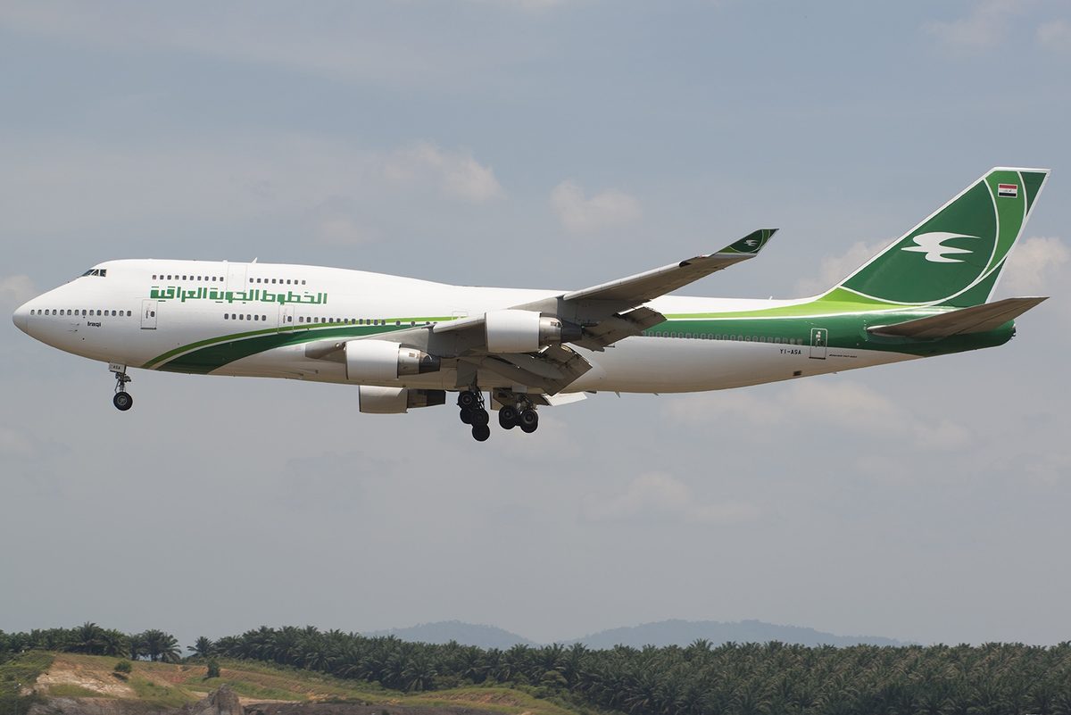 An Iraqi Airways Boeing 747 on approach — domestic flights turn a six-hour drive into a one-hour hop