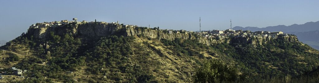 The town of Amedi on its flat-topped mesa above the surrounding valleys