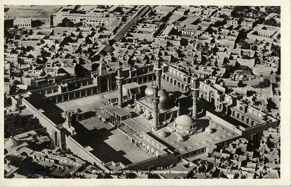 1920s Royal Air Force aerial photograph of the Kadhimiya shrine complex surrounded by low courtyard houses