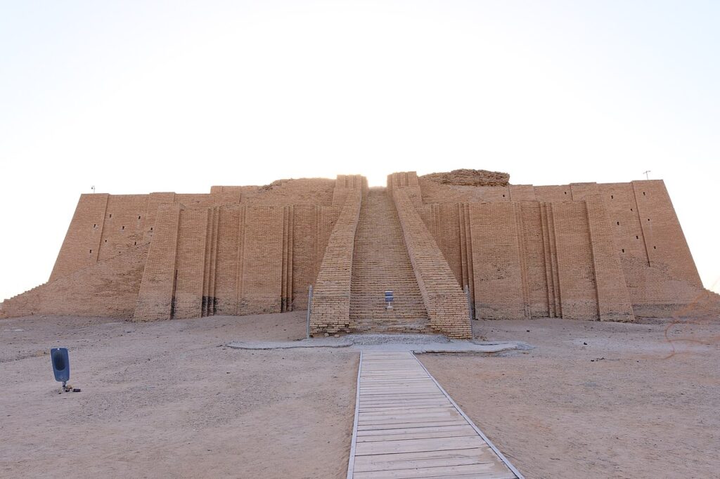 The Ziggurat of Ur near Nasiriyah with its triple staircase under a clear sky