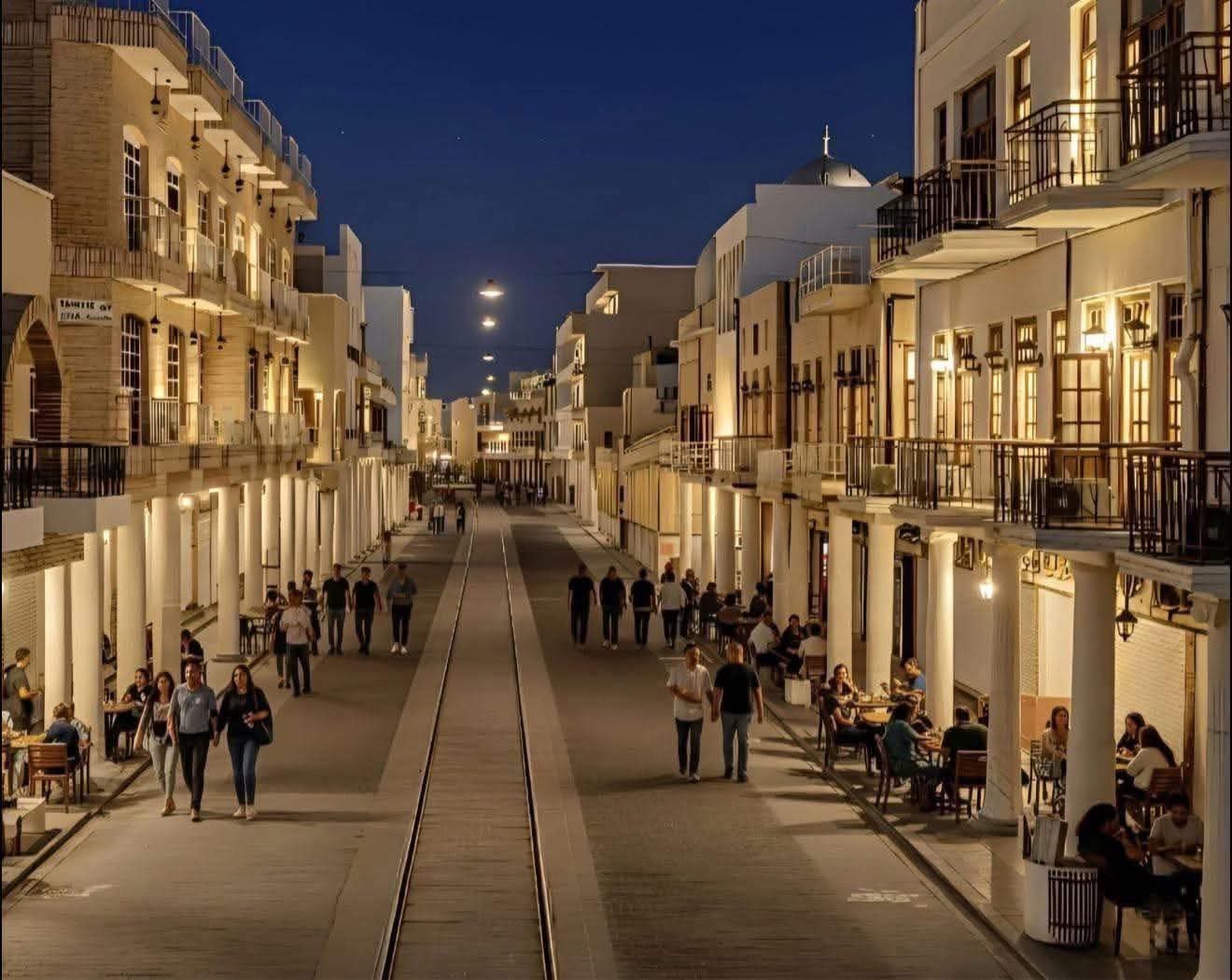 Restored arcaded section of Rasheed Street in old Baghdad at dusk, with tram rails set into the roadway