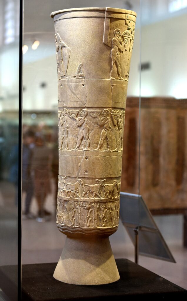 The Warka Vase from Uruk in its glass display case in the Iraq Museum, Baghdad