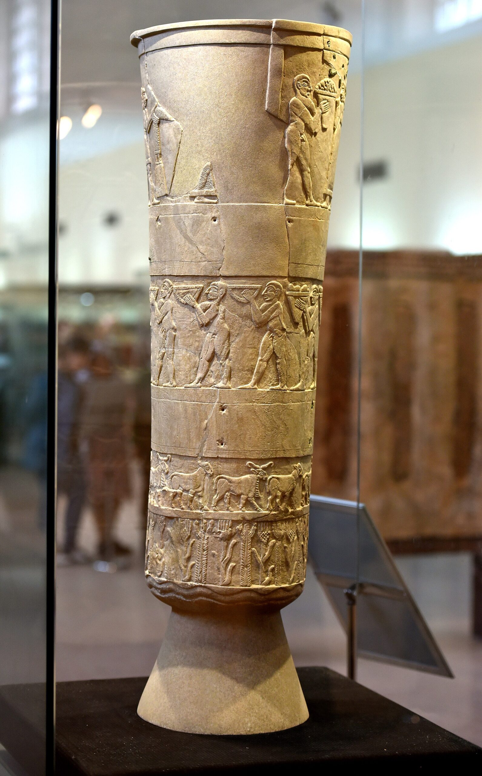 The Warka Vase on display in its case in the Sumerian gallery of the Iraq Museum