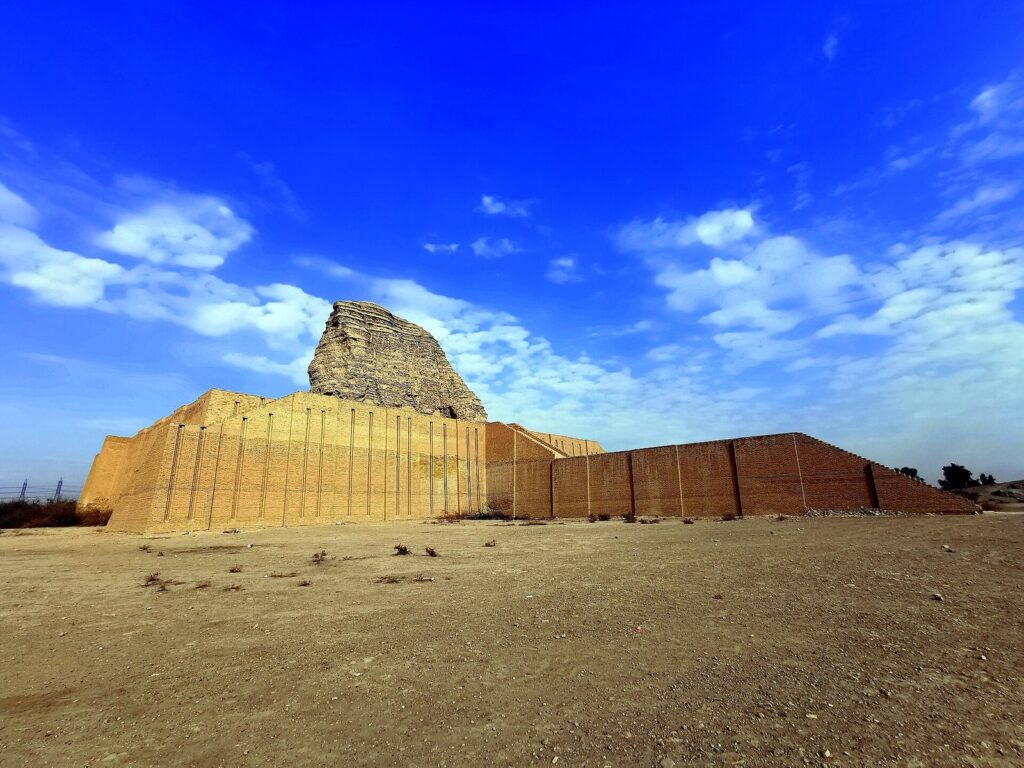 The eroded brick core of the Kassite ziggurat at Aqar Quf above its restored lower walls west of Baghdad