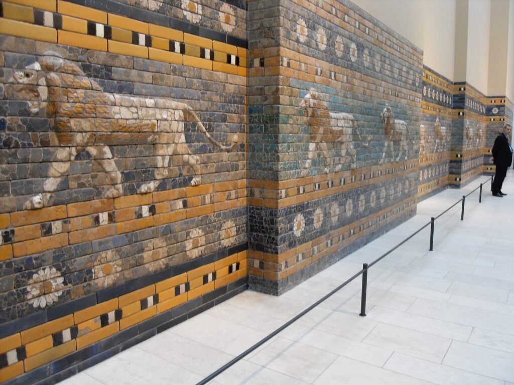 Original glazed-brick lions of Babylon's Processional Way displayed in the Pergamon Museum, Berlin