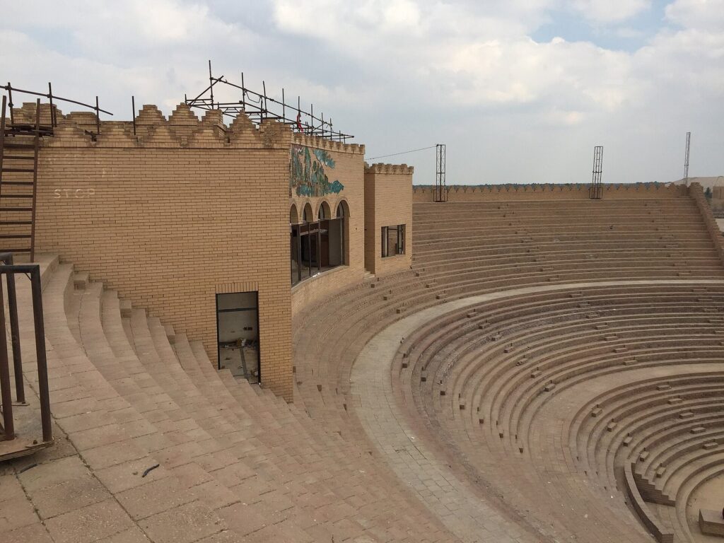 The reconstructed brick theatre inside ancient Babylon with its curved rows of seats, a venue of the Babylon festival