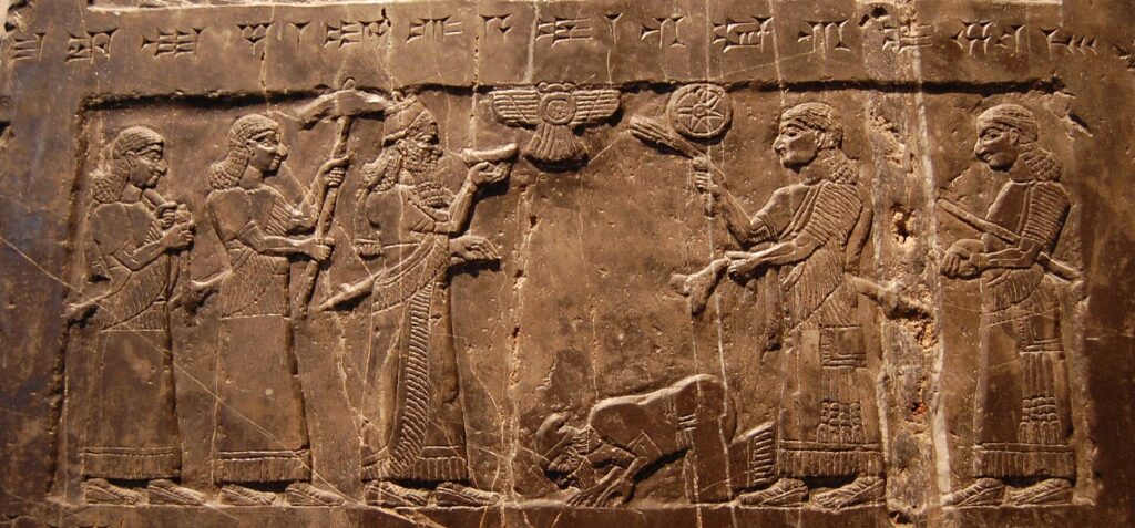 Relief panel on the Black Obelisk showing a figure prostrating before the Assyrian king Shalmaneser III