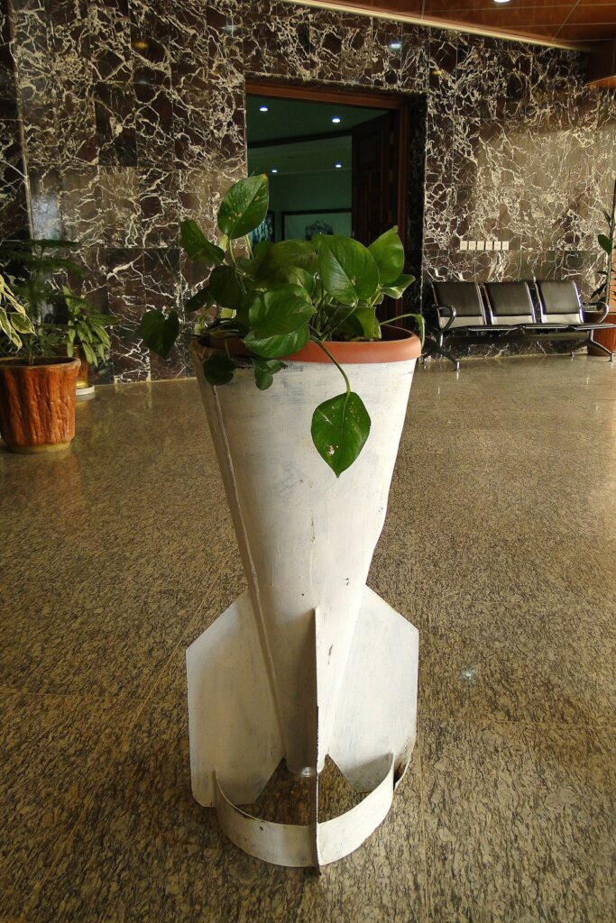 An original bomb casing used as a flower pot at the Halabja memorial