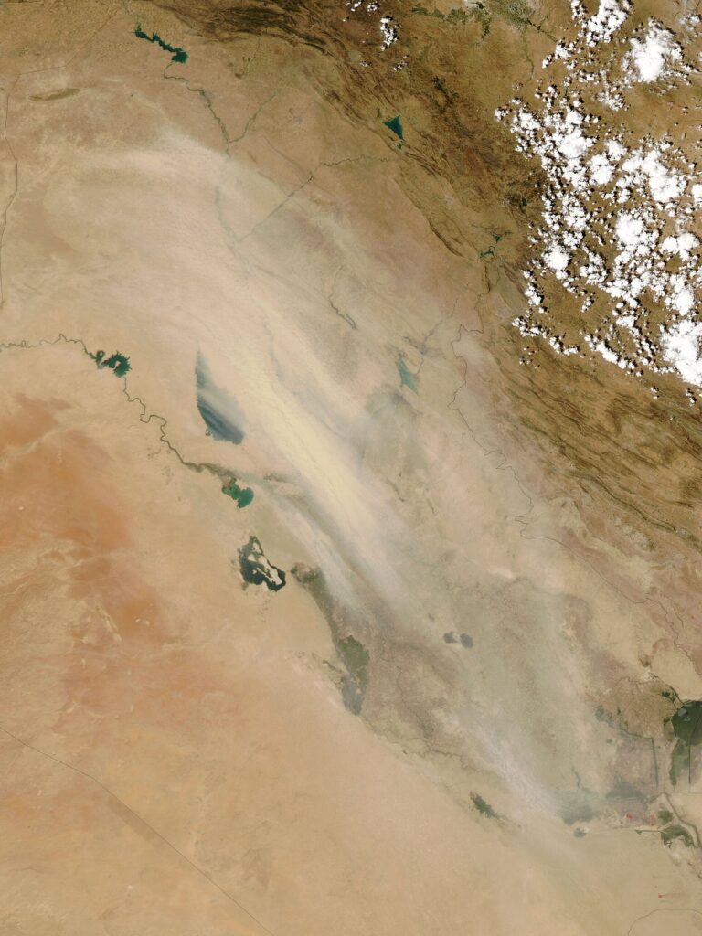 Satellite view of a dust storm sweeping across Iraq in summer, July 2005