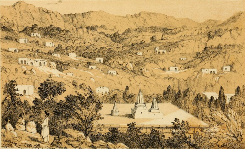 1852 lithograph of the Temple of Sheikh Adi at Lalish with conical spires in a wooded valley
