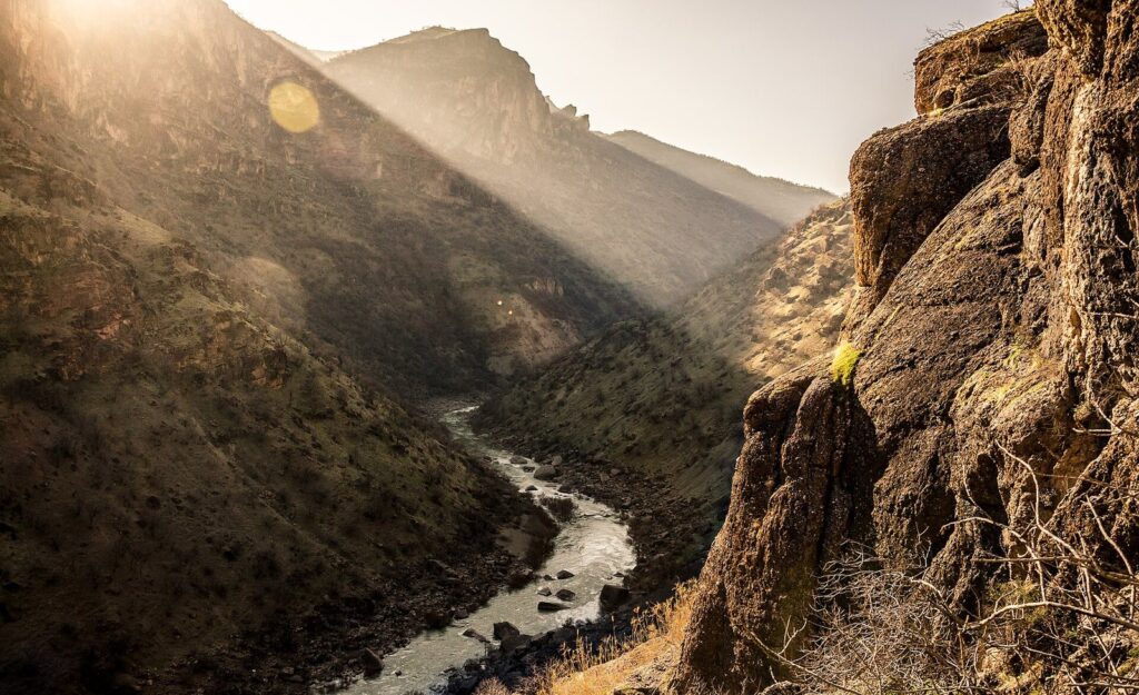 Sunlight falling into a steep river valley in the Mawat area of Sulaymaniyah governorate