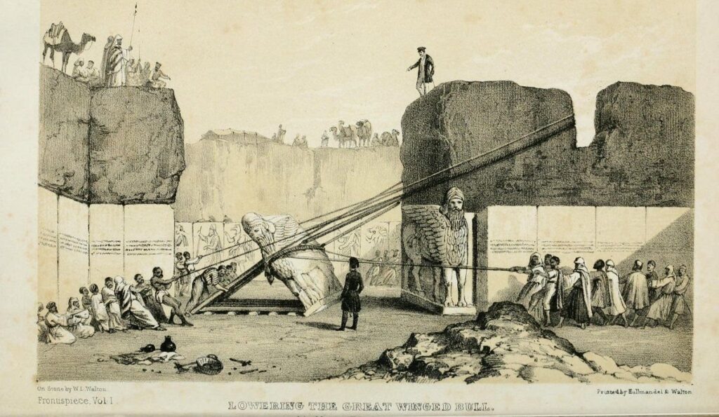 Nineteenth-century engraving of workmen hauling a colossal winged bull down a ramp at Nimrud under Layard's direction