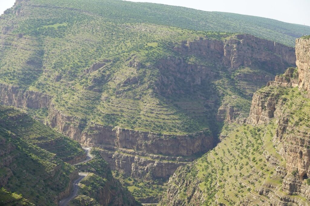 The Rawanduz gorge with a road winding along the valley floor