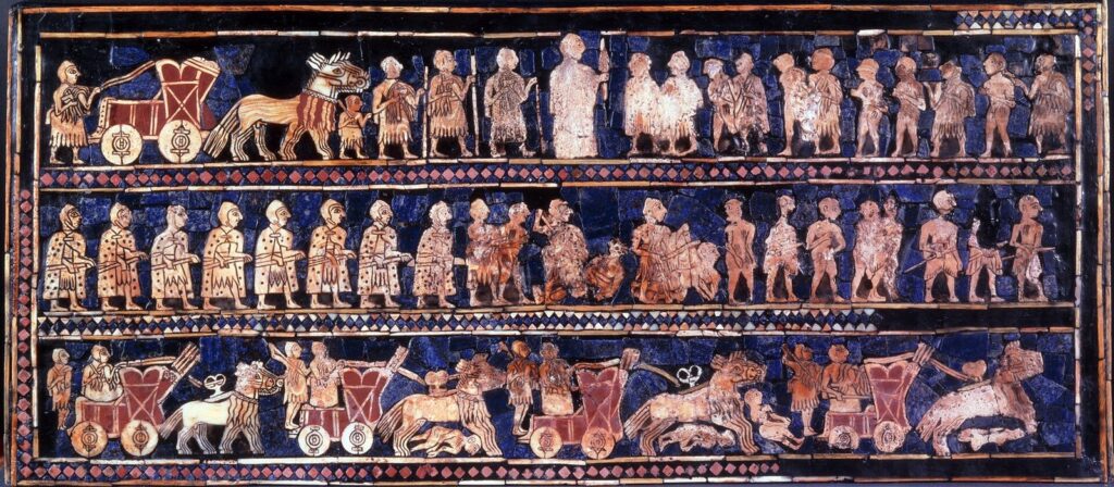 The war panel of the Standard of Ur, rows of Sumerian chariots, soldiers and captives in shell and lapis lazuli mosaic