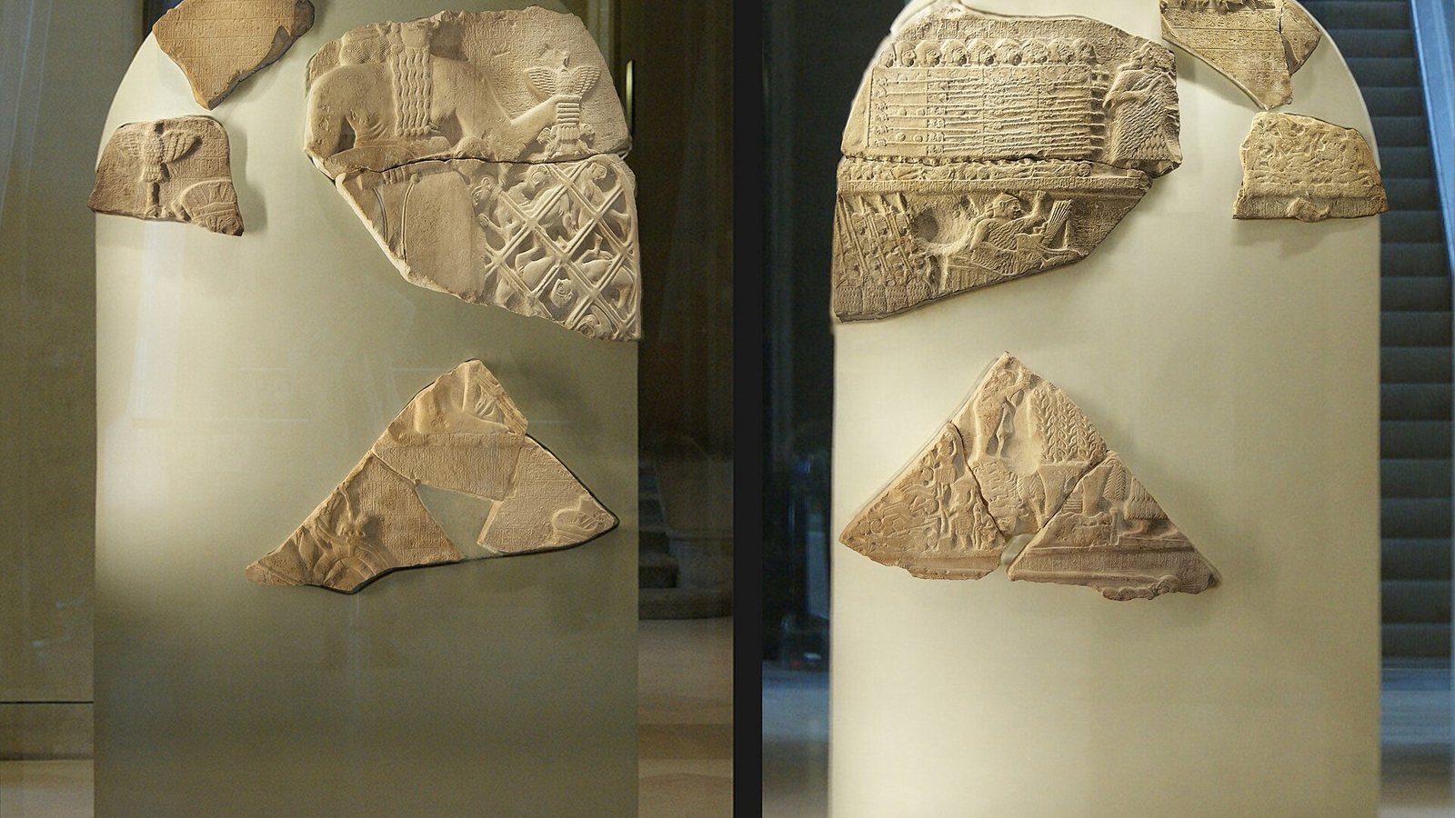 Fragments of the Stele of the Vultures from Girsu, the Sumerian victory monument of Lagash, displayed in the Louvre